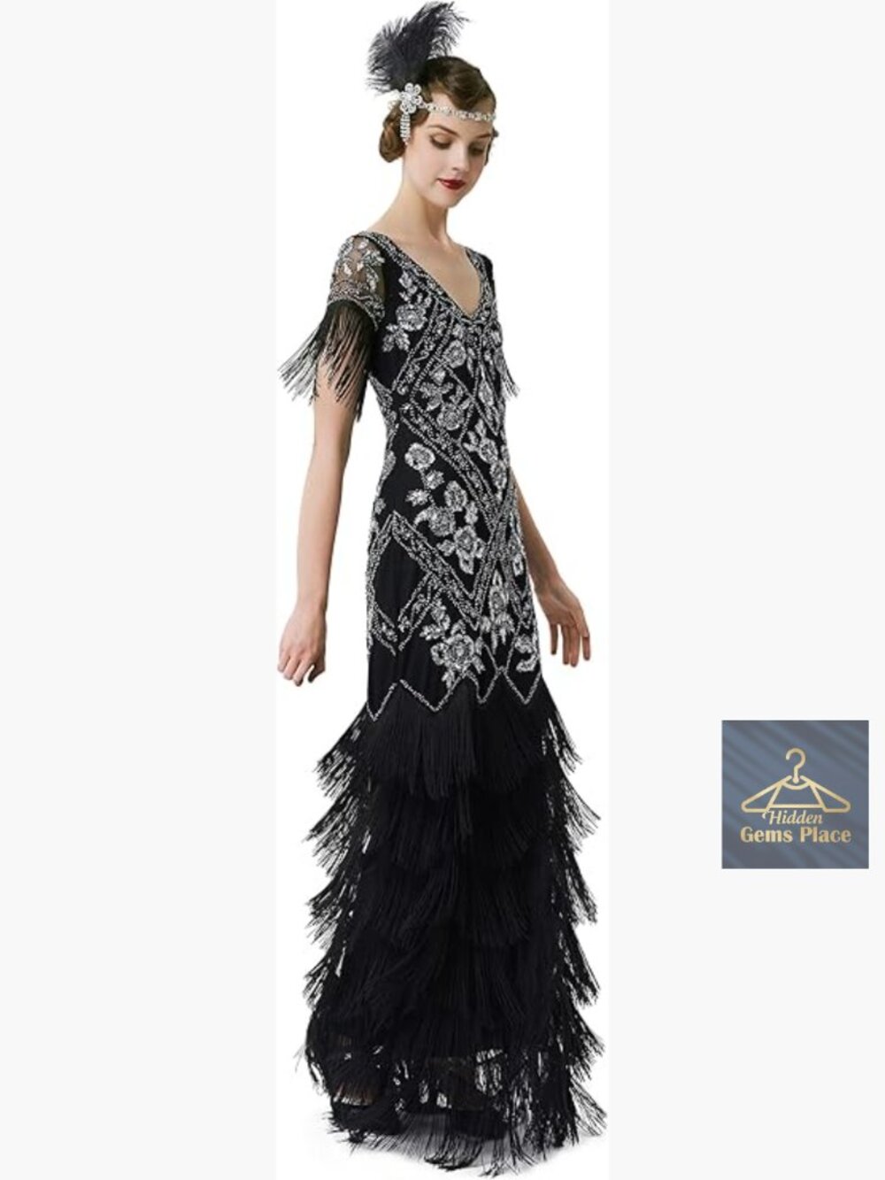Flapper Dress 1920s V-Neck Sequin Beaded Maxi Gown for Wedding